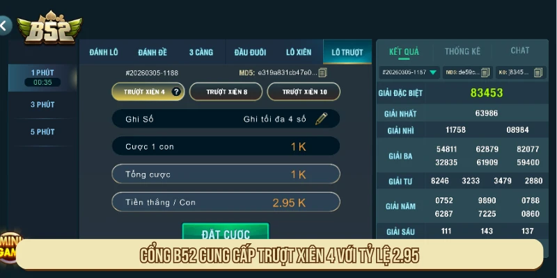 Cổng B52 cung cấp trượt xiên 4 với tỷ lệ 2.95