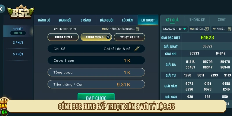 Cổng B52 cung cấp trượt xiên 8 với tỷ lệ 9.35