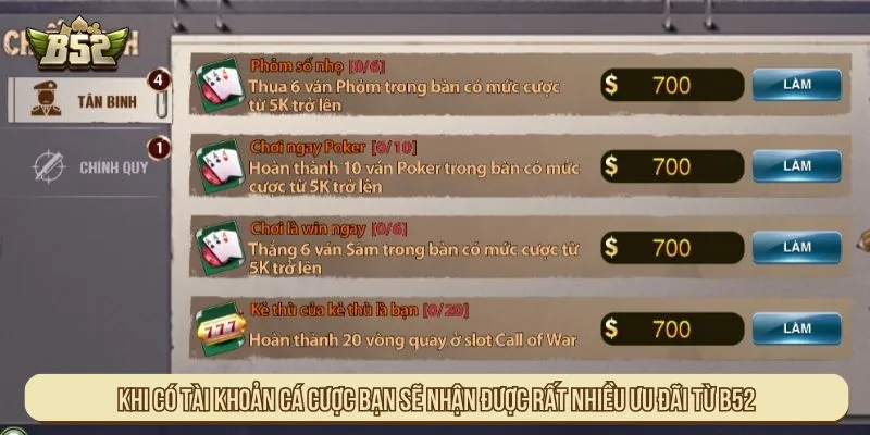 Khi có tài khoản cá cược bạn sẽ nhận được rất nhiều ưu đãi từ B52